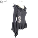 Feather Rose Horizontal Neck Dark Pattern Stretchy Jacquard Sexy Women Shirts