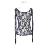 Daily Wear See Through Rose Flocking Big Round Collar Sexy Ladies Lace T Shirt