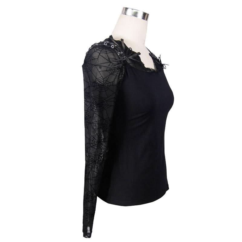 Transparent Spider Web Back Mesh Long Sleeve Punk Black Sexy Women T Shirts