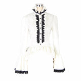 Paisley Jacquard Flared Sleeves Gothic White Ruffled Lace Up Women Blouse