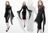 Gothic Cross Shape Stand Collar Flared Sleeves Sexy Ladies Stretchy Middle Length Velvet Dress