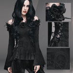 Feather Rose Horizontal Neck Dark Pattern Stretchy Jacquard Sexy Women Shirts