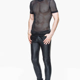 Autumn And Winter Men Daily Life Style Vertical Stripes Elastic Punk Leather Trousers