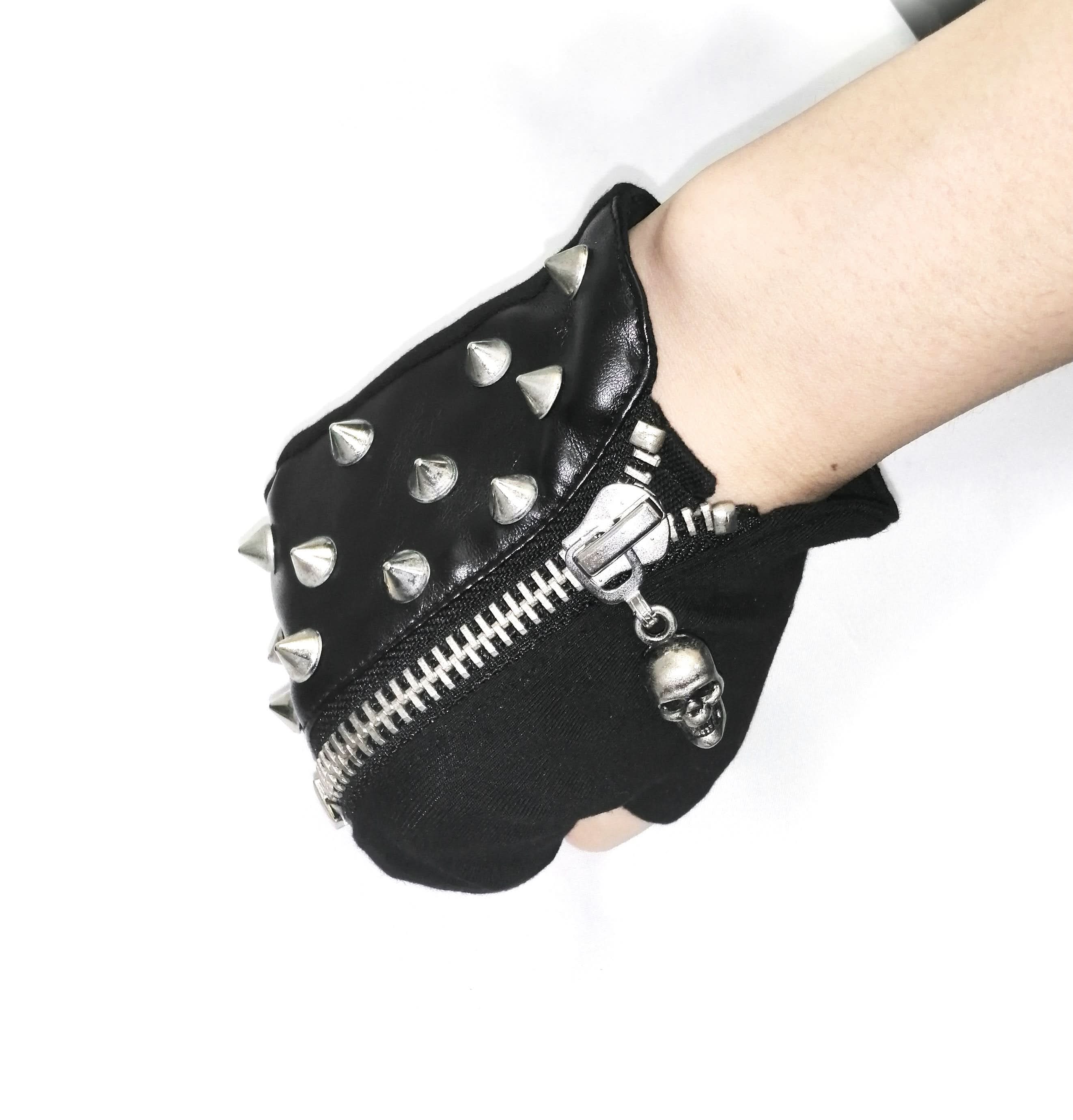 Spiked Men Punk Rock Zipper Up Half Finger Leather Gloves