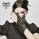 Brown Steampunk Metallic Gear Women Leather Gloves With Chains