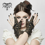 Brown Steampunk Metallic Gear Women Leather Gloves With Chains