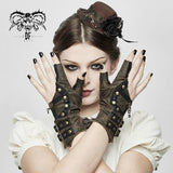 Brown Steampunk Metallic Gear Women Leather Gloves With Chains