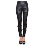 Punk Women Daily Life Hollow Out Leather Loops Lace Up Leggings