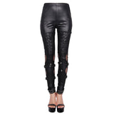 Punk Women Daily Life Hollow Out Leather Loops Lace Up Leggings