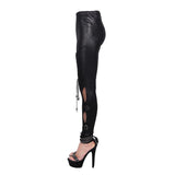 Punk Women Daily Life Hollow Out Leather Loops Lace Up Leggings