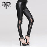 Punk Women Daily Life Hollow Out Leather Loops Lace Up Leggings