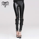 Punk Women Daily Life Hollow Out Leather Loops Lace Up Leggings