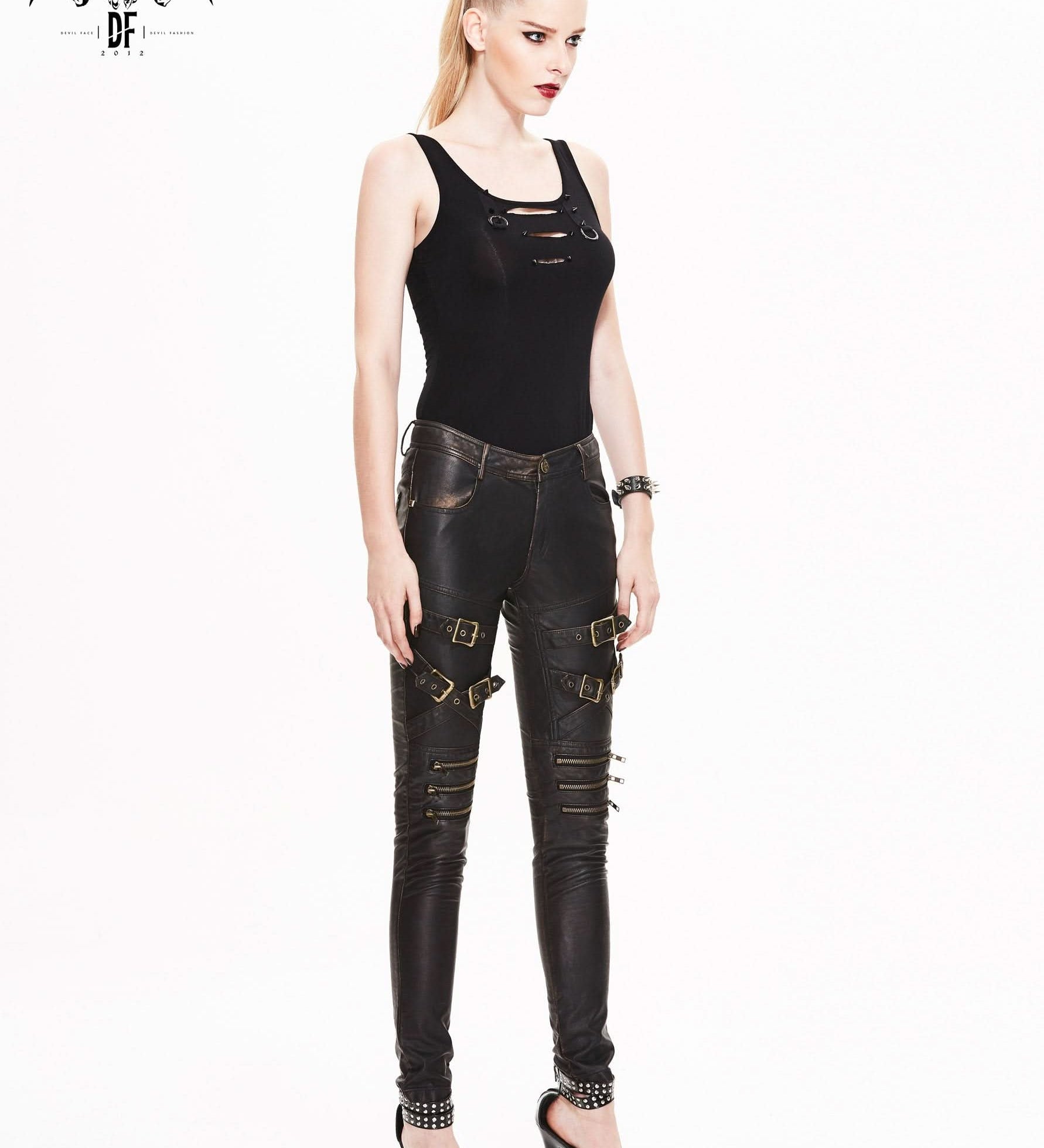 Steampunk Band Bronze Hand Rubbed Winter Women Leather Pants With Zipper