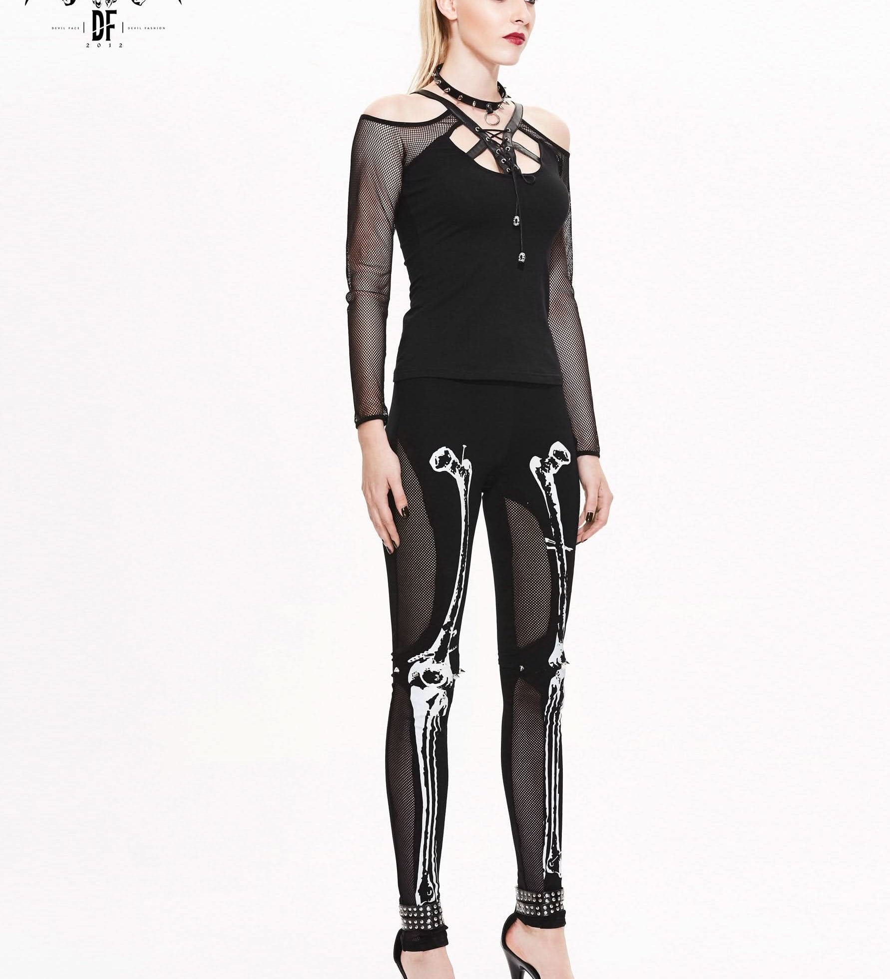 Daily Life Style Women Punk Knit Skull Marrowbone Printed Leggings