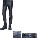 Autumn And Winter Men Daily Life Style Vertical Stripes Elastic Punk Leather Trousers
