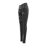 Punk Asymmetric Knitted Stretch Women Pants With Leather Loops