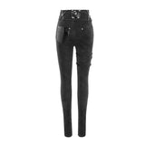 Punk Asymmetric Knitted Stretch Women Pants With Leather Loops