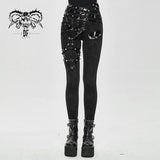 Punk Asymmetric Knitted Stretch Women Pants With Leather Loops