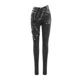 Punk Asymmetric Knitted Stretch Women Pants With Leather Loops