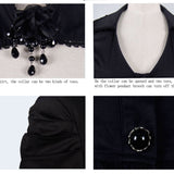Women Small Collar Pleated Sleeves Everyday Wear Black Elastic Blouse With Bead Pins