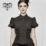 Steampunk Bubble Short Sleeved Striped Brown Women Slim Cotton Blouse