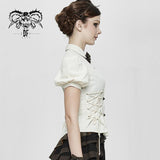 Summer Steampunk Short Puff Sleeve Solid Color Women Cotton And Linen White Blouse