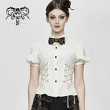 Summer Steampunk Short Puff Sleeve Solid Color Women Cotton And Linen White Blouse