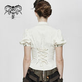 Summer Steampunk Short Puff Sleeve Solid Color Women Cotton And Linen White Blouse