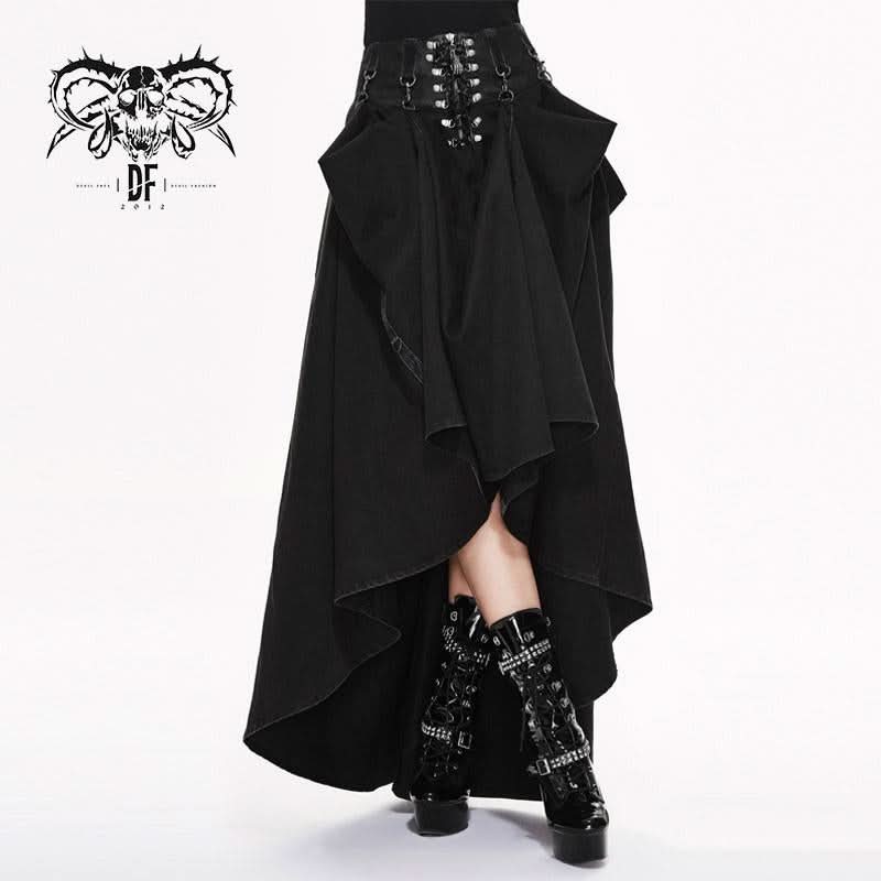 Torn Multiple Wearing Leather Waistband Women Punk Rock Black Flowing Long Half Skirt