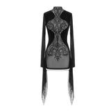 Gothic Party Translucent Embroidered Flared Sleeves Sexy Ladies Velvet Dress