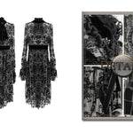 Daily Black Queen Floral Flocking Printed Long Sleeves Velvet Tunic Dress With Tie