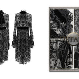 Daily Black Queen Floral Flocking Printed Long Sleeves Velvet Tunic Dress With Tie
