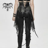 Brown Asymmetry Steampunk Leather Patchwork Vintage Distressed Ladies Belted Half Skirt