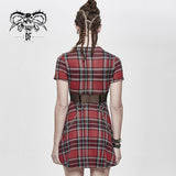 Daily Life Cool Girls Mesh Waist Stretchy Mid Length Scottish Red Plaid Dress With Chains