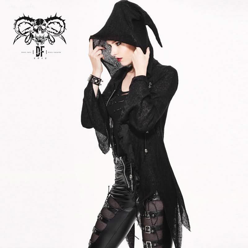 Everyday Wearing Asymmetric Knitwear Zipper Up Black Long Women Hooded Cardigans