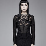 Court Gothic Flower Pattern False Girdle Mesh Sexy Women T Shirts