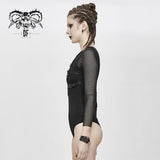 Adjustable Leather Loops Mesh Sleeves Sexy Women Cotton Punk Bodysuits