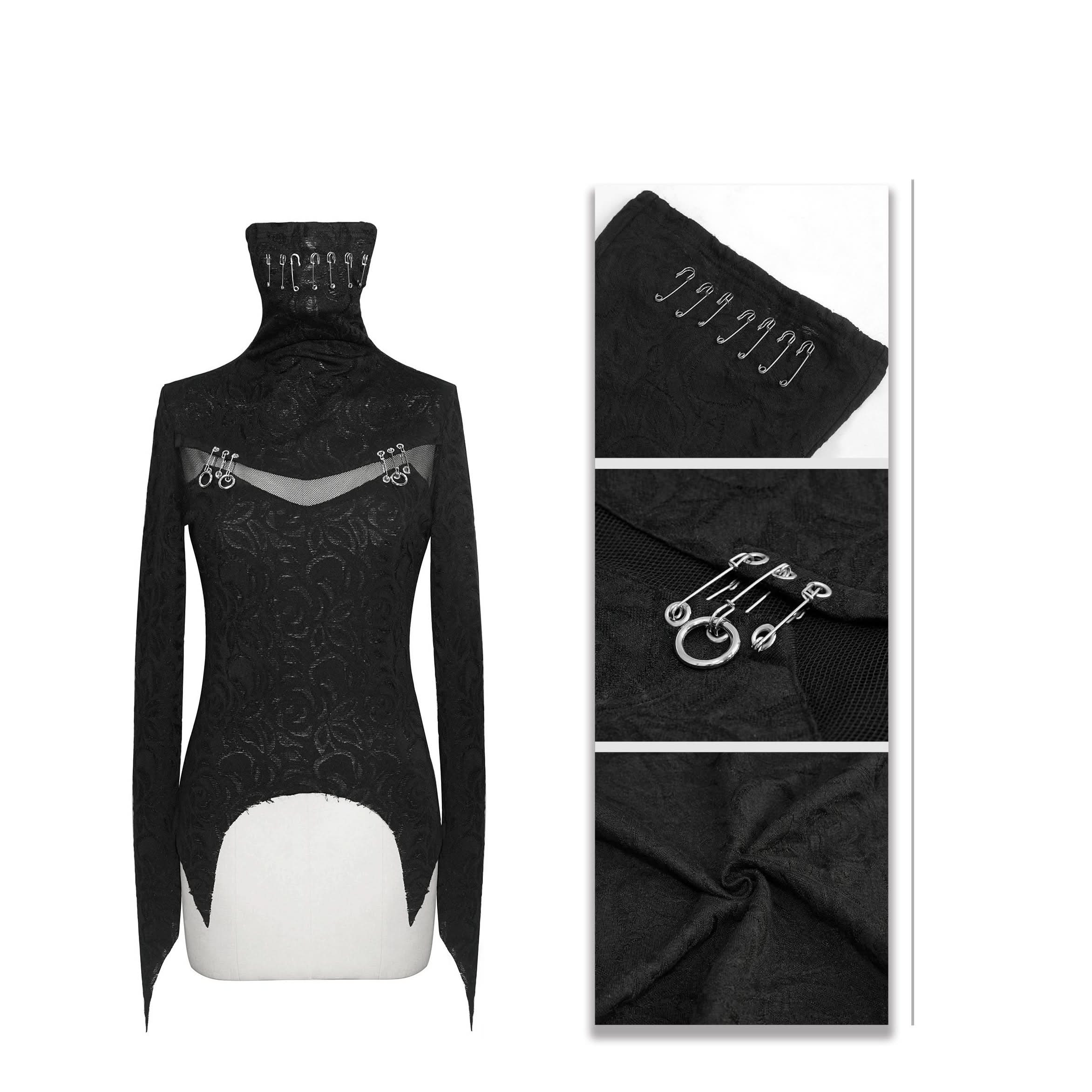 Punk Black Turtleneck Dark Pattern Winter Long Sleeves Sexy Women T Shirts