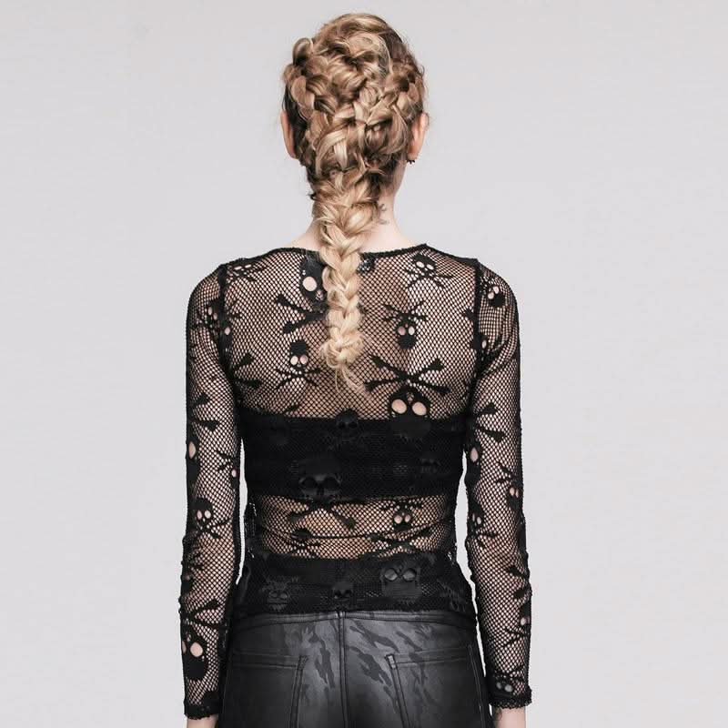 Punk Sexy Women Skeleton Transparent Mesh Long Sleeves T Shirts
