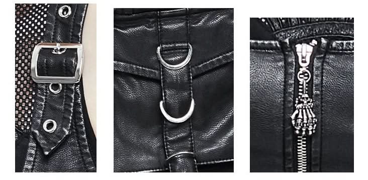 Women Black And Silver Punk Short Faded Leather Waistcoat With Pockets
