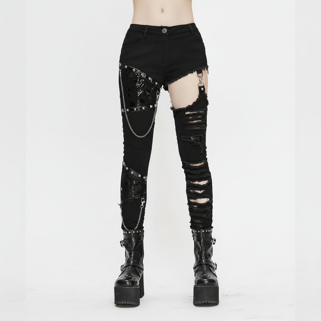 Punk Asymmetrical Spliced Broken Hole Women Worn Out Pants With Chains