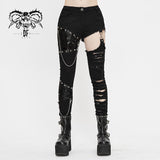 Punk Asymmetrical Spliced Broken Hole Women Worn Out Pants With Chains