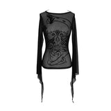 Gothic Snake Flocking Printed Horn Sleeve Sexy Ladies Mesh T Shirt