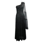 One Shoulder Asymmetrical Dark Pattern Stretchy Velvet Long Dress With Shawl