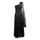 One Shoulder Asymmetrical Dark Pattern Stretchy Velvet Long Dress With Shawl