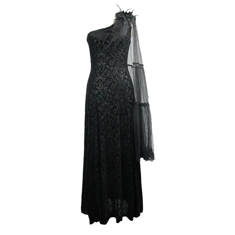 One Shoulder Asymmetrical Dark Pattern Stretchy Velvet Long Dress With Shawl
