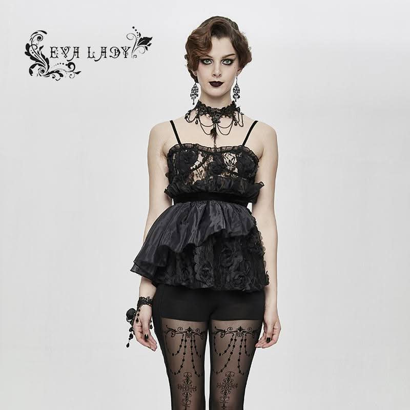 Asymmetric Embroidered Organza Hem Velvet Belt Sexy Women Lace Camisole