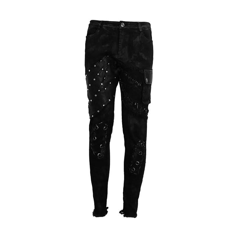 Men Heavy Metal Patchwork Hand Painted Distressed Trousers With Pockets