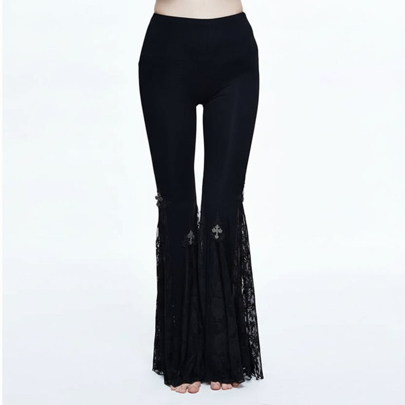 Gothic Women Cross Decoration Knit Lace Bell Bottoms Pants