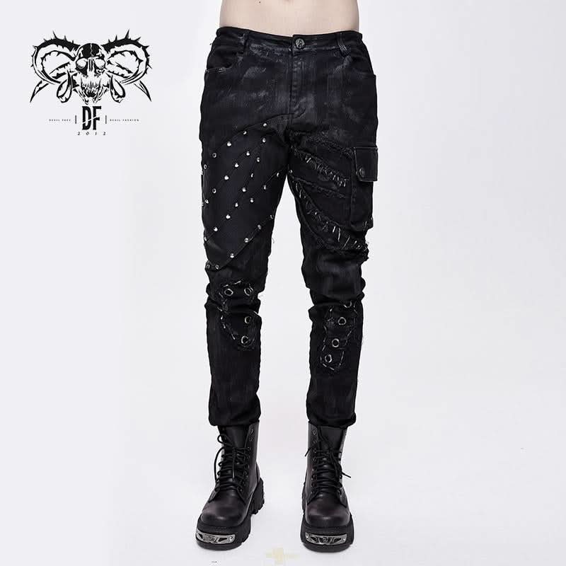 Men Heavy Metal Patchwork Hand Painted Distressed Trousers With Pockets